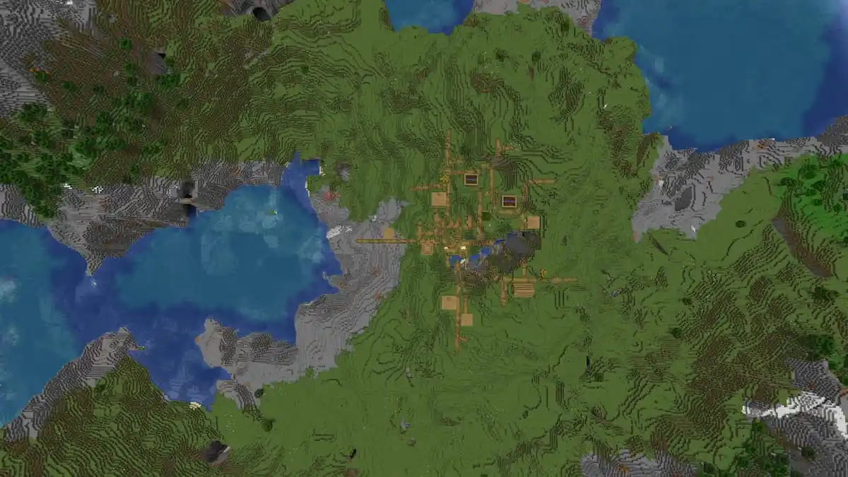 A Minecraft Plains Village with a ravine in the center next to a mountain and a cove with a Coral Reef